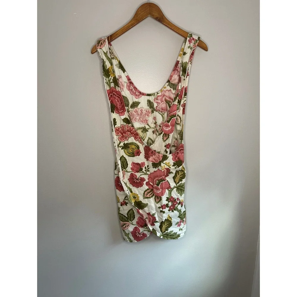 Good Deeds Floral Pinafore Apron Women OS White Pink EUC Upcycled Handmade Maine